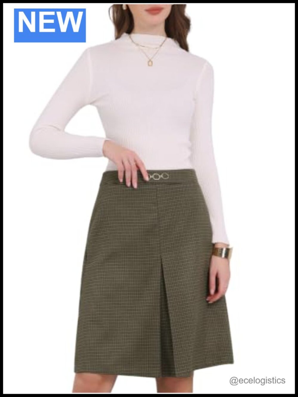 Women High Waist Plaid Tartan Knee Length A-Line Office Skirt Semi-Formal